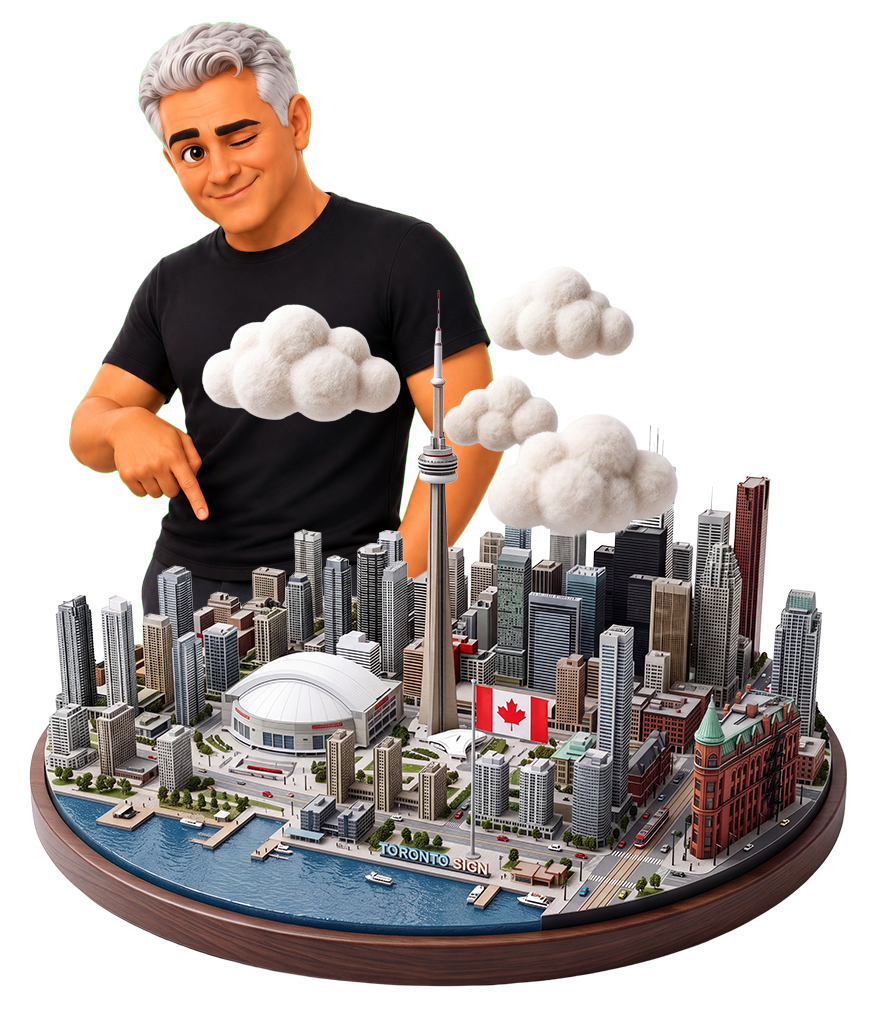 Illustrated David Mantegh presenting a miniature Toronto cityscape