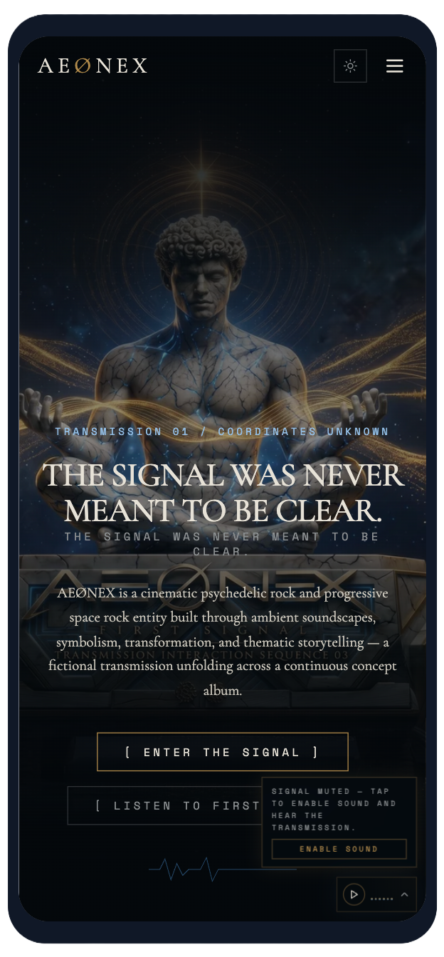 AEØNEX cinematic mobile website experience showing the signal narrative, sound controls and entry interface