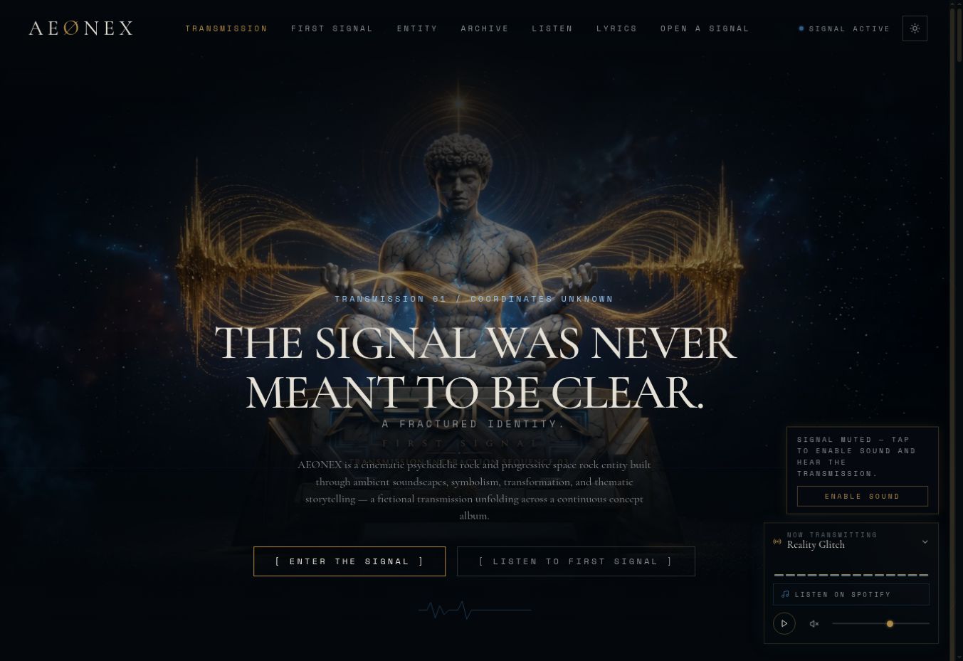 AEØNEX website home page presented inside a dark cinematic browser frame