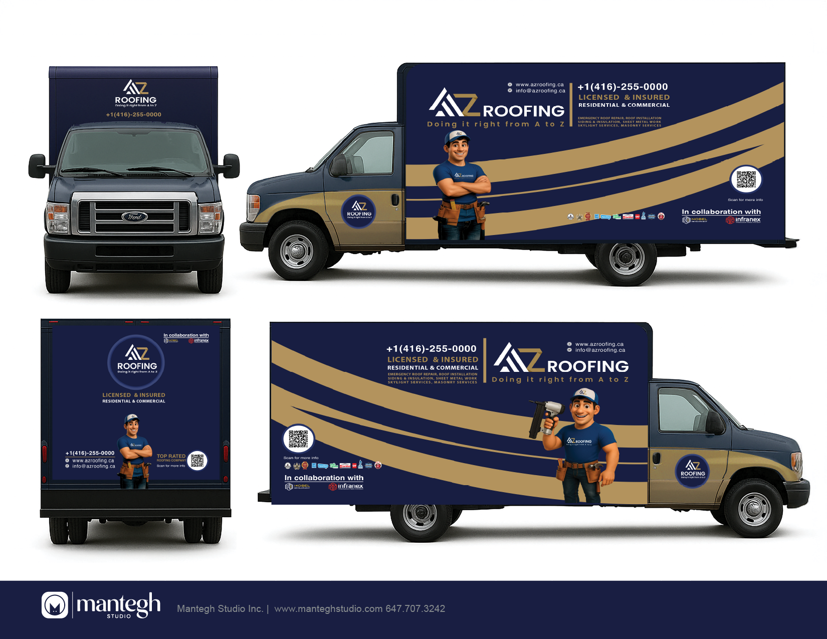 Approved AZ Roofing box truck wrap shown from multiple sides