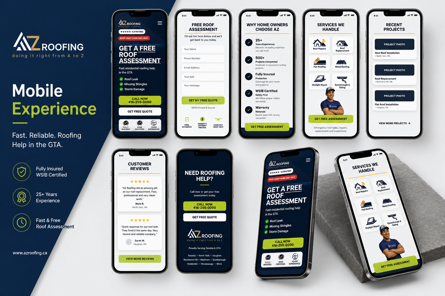 Approved AZ Roofing mobile experience across assessment, services, proof and projects