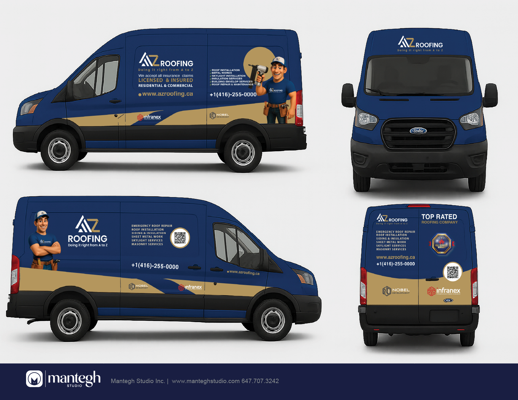 Approved AZ Roofing Ford Transit vehicle wrap shown from four sides