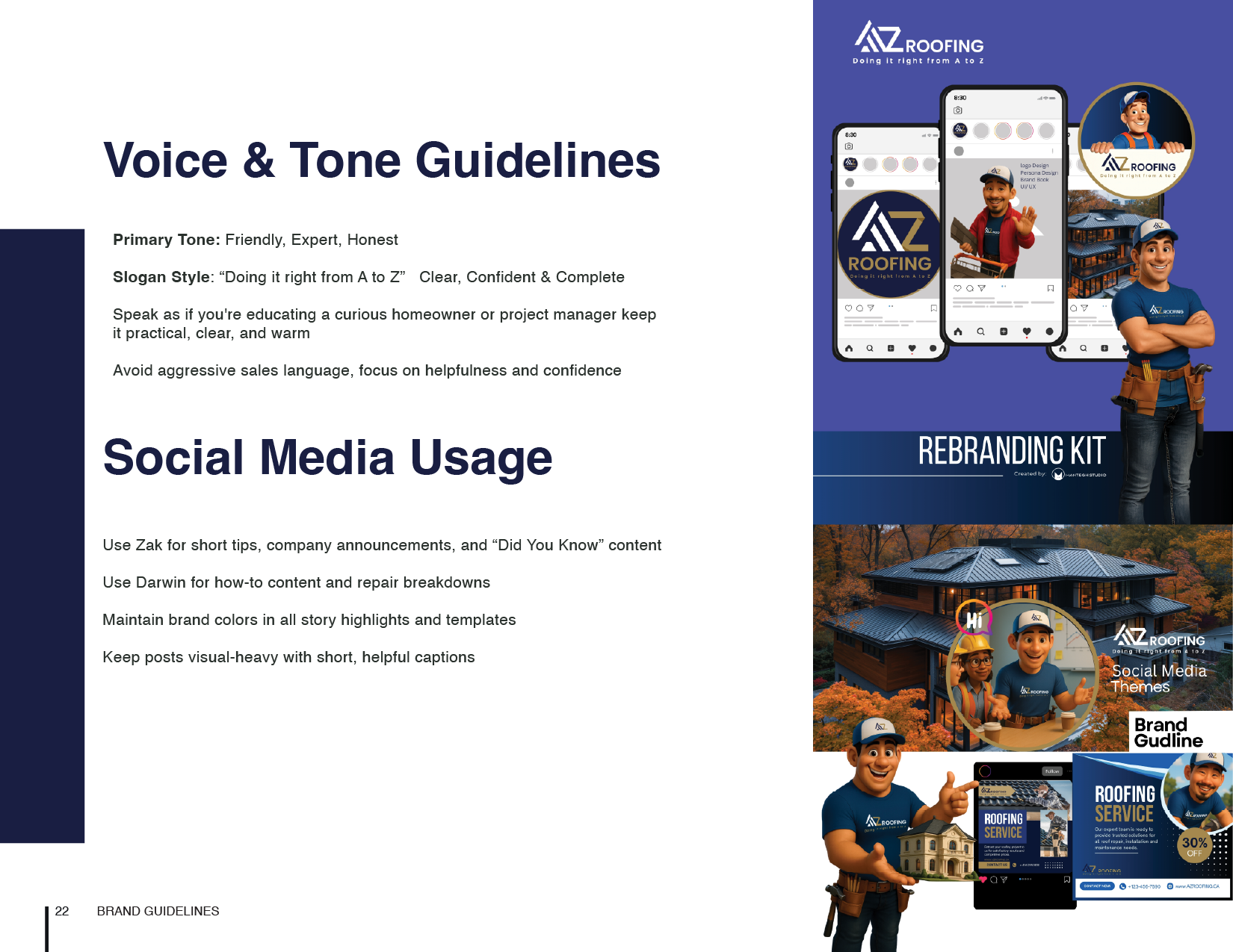 AZ Roofing voice and tone guidelines with approved social media applications