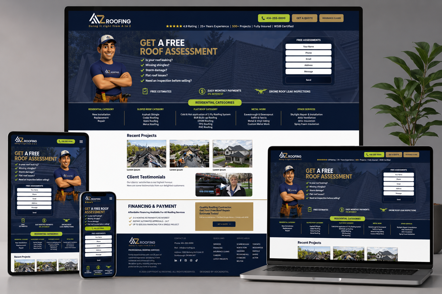 AZ Roofing responsive website UI shown across desktop, laptop, tablet and mobile