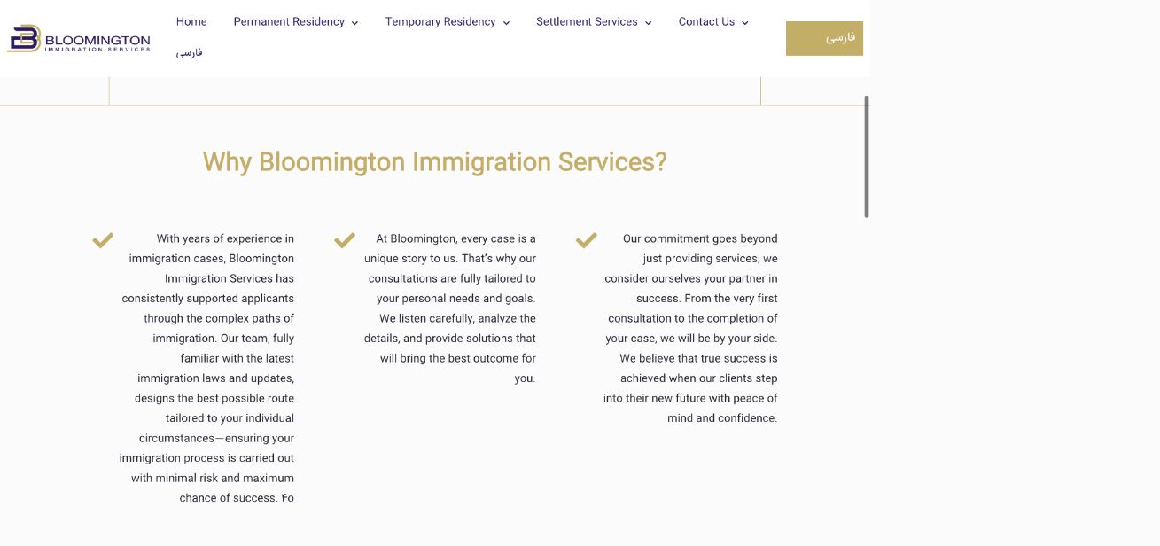 Bloomington Immigration Services English website section explaining reasons to choose the consultancy