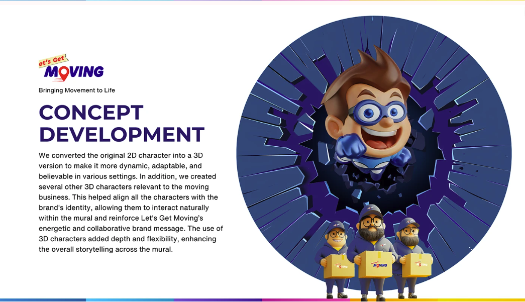 Let's Get Moving concept-development board showing 2D-to-3D character development and moving-team mascot concepts