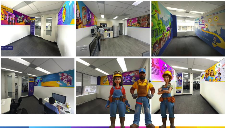 Collage of completed Let's Get Moving office wall murals installed across corridors, meeting rooms and franchise sales areas