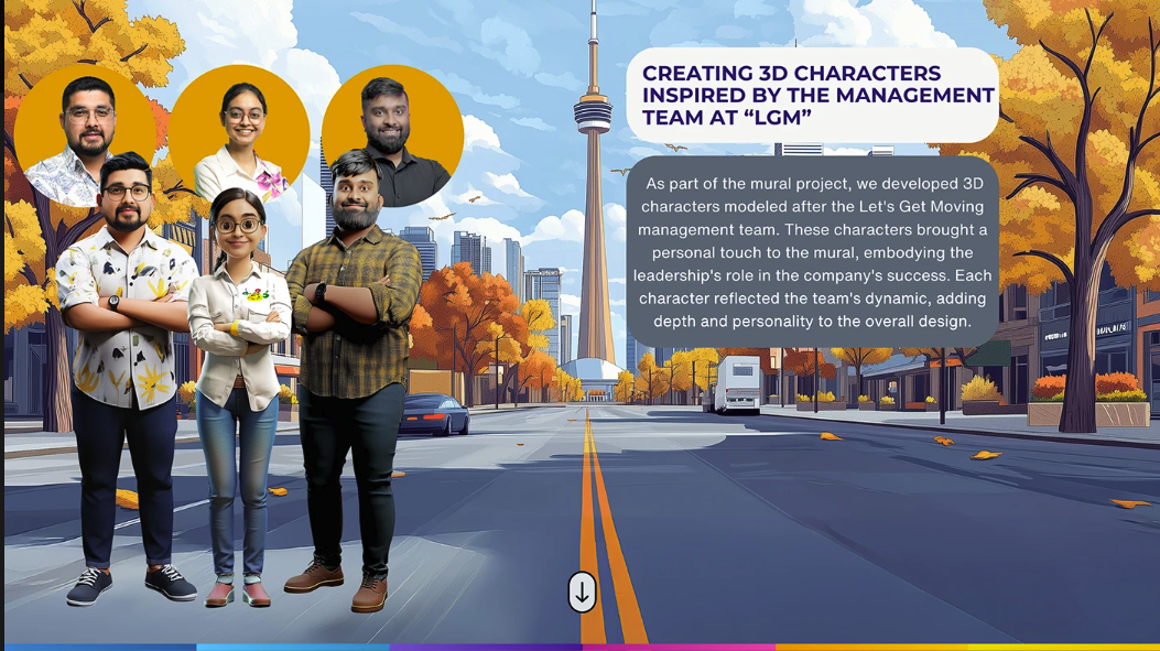 Let's Get Moving 3D character board inspired by the management team with portrait references, stylized character versions and Toronto street background