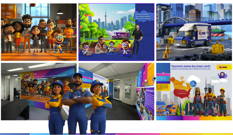 Let's Get Moving mural presentation board showing character artwork, LEGO-style truck mockup, completed wall installation and values-wall design